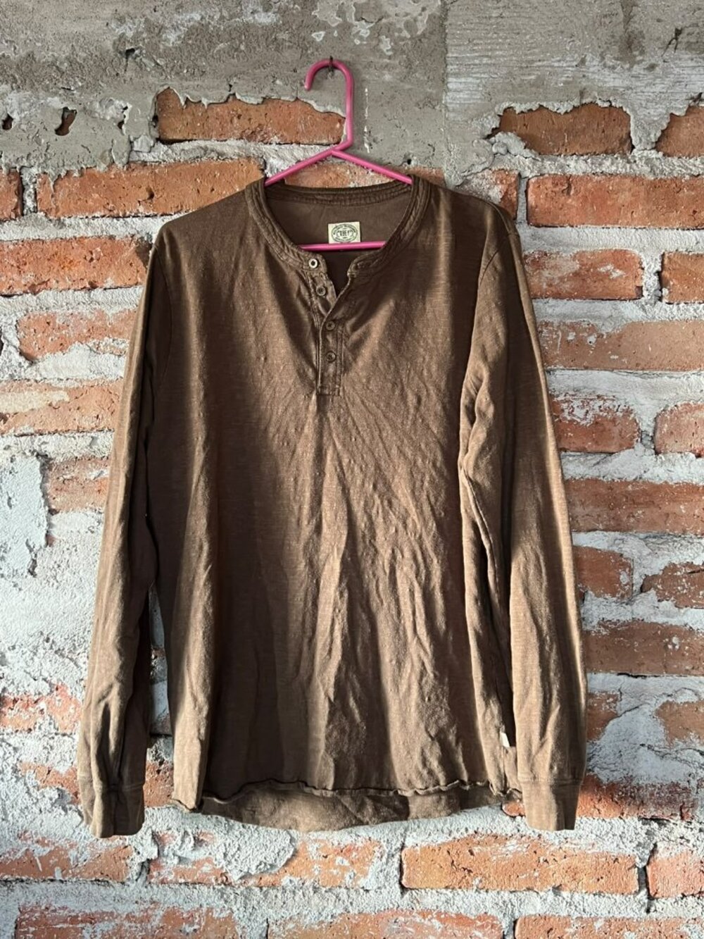 OBEY Worldwide Propaganda Brown Long Sleeve Henley Shirt cotton